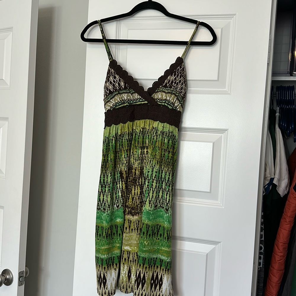 Vintage City Triangles Sun Dress Green and Brown Pattern